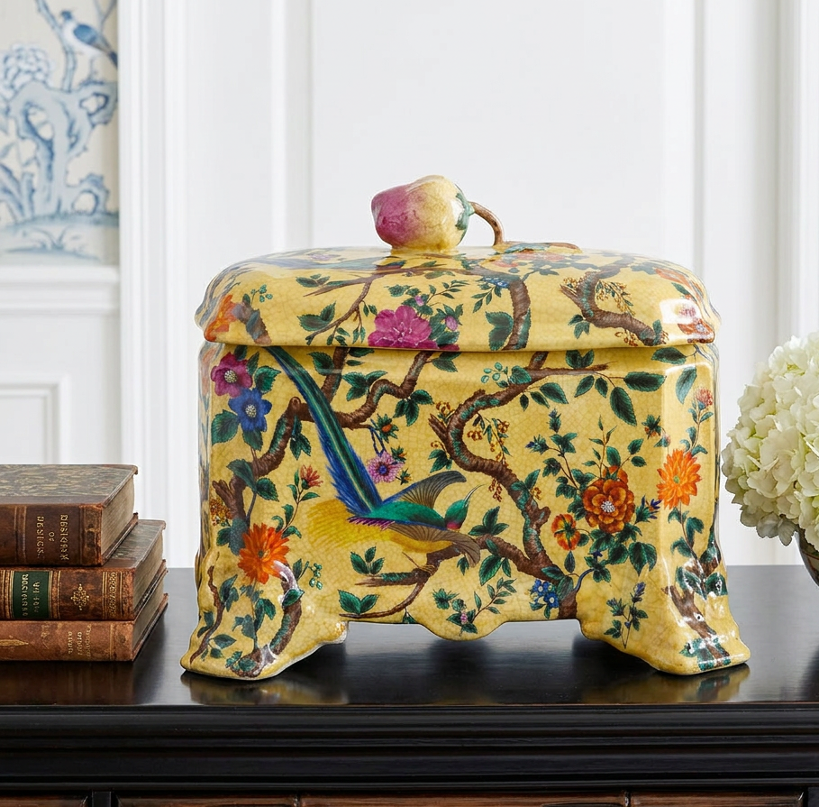 Hand-Painted Asian Porcelain Rectangular Decorative Box
