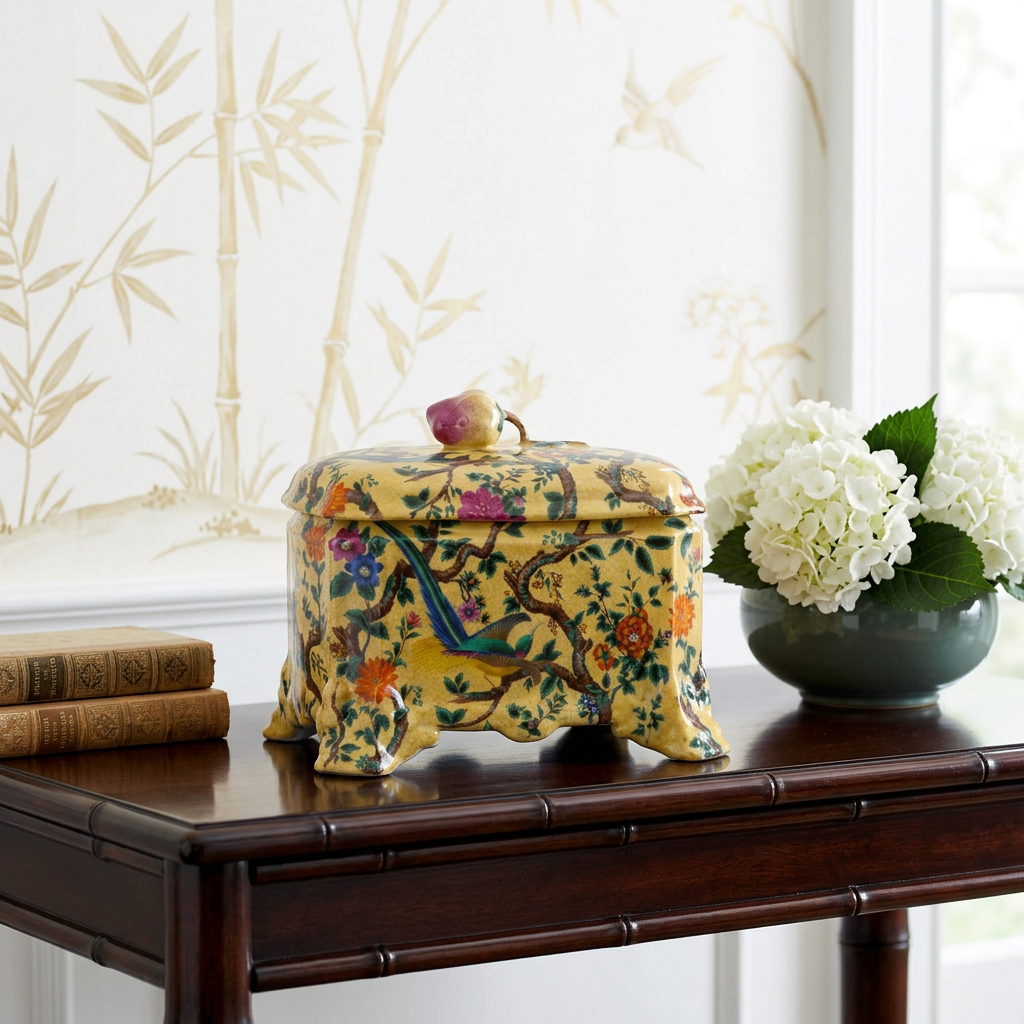 Hand-Painted Asian Porcelain Rectangular Decorative Box