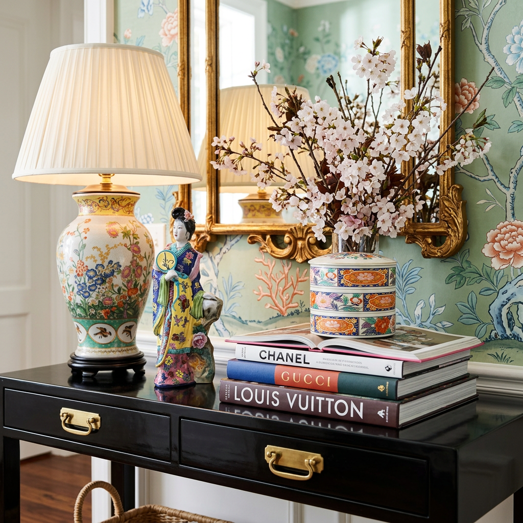 Asian Hand painted Fishtail Porcelain Vase Table Lamp