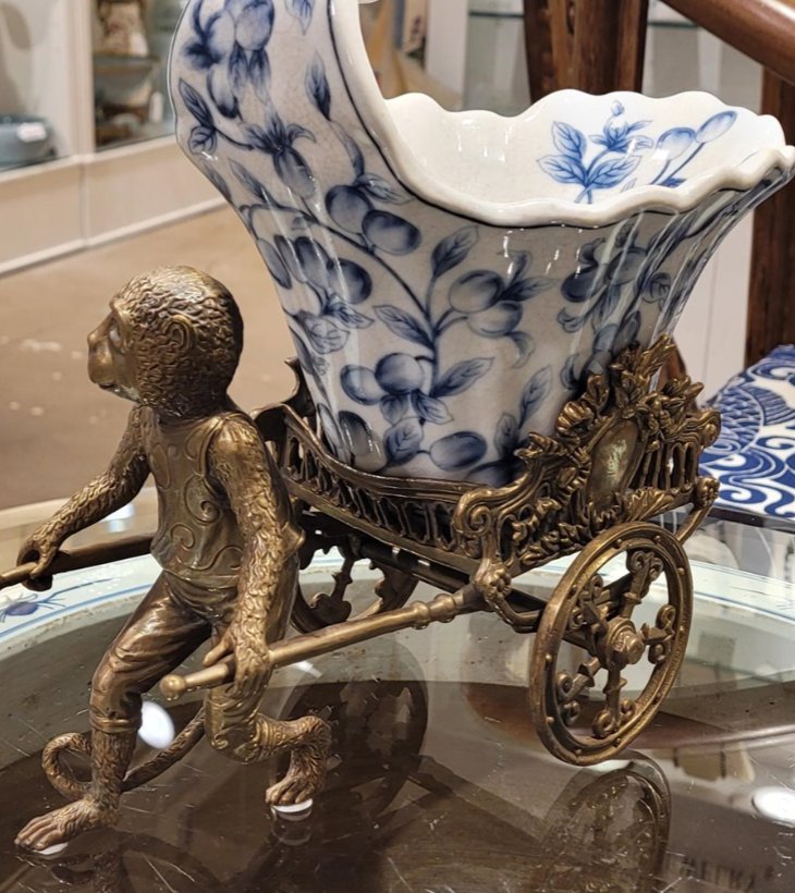 Porcelain & Brass Monkey Cart Planter