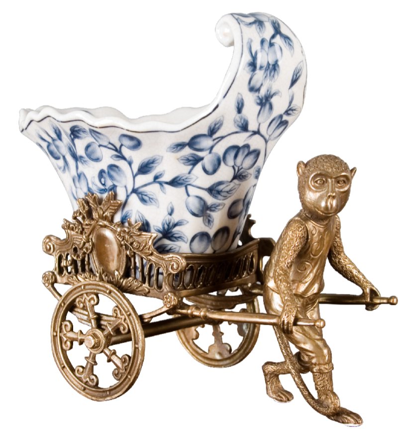 Porcelain & Brass Monkey Cart Planter