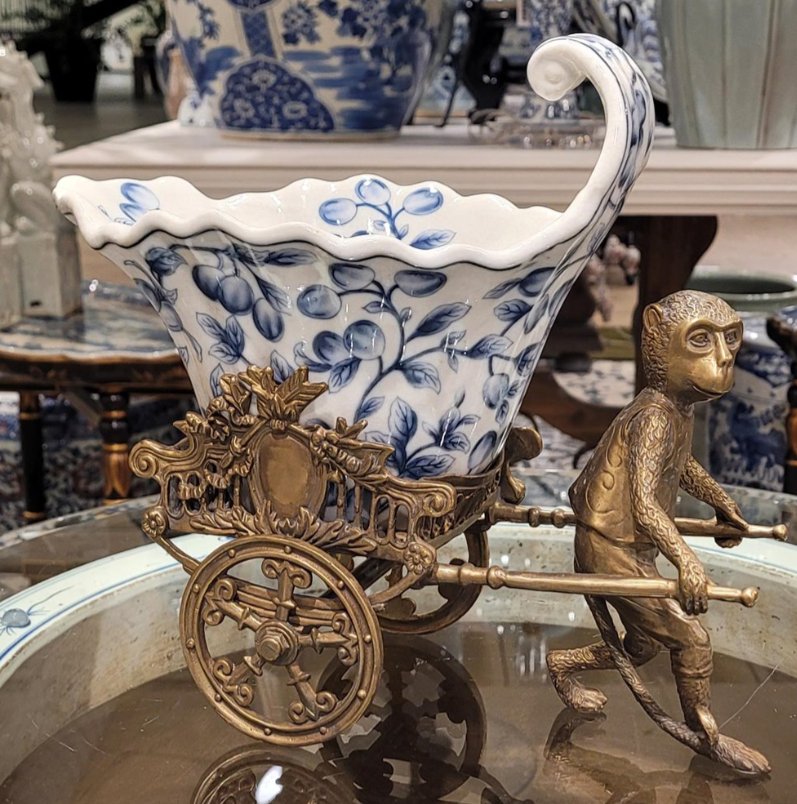Porcelain & Brass Monkey Cart Planter