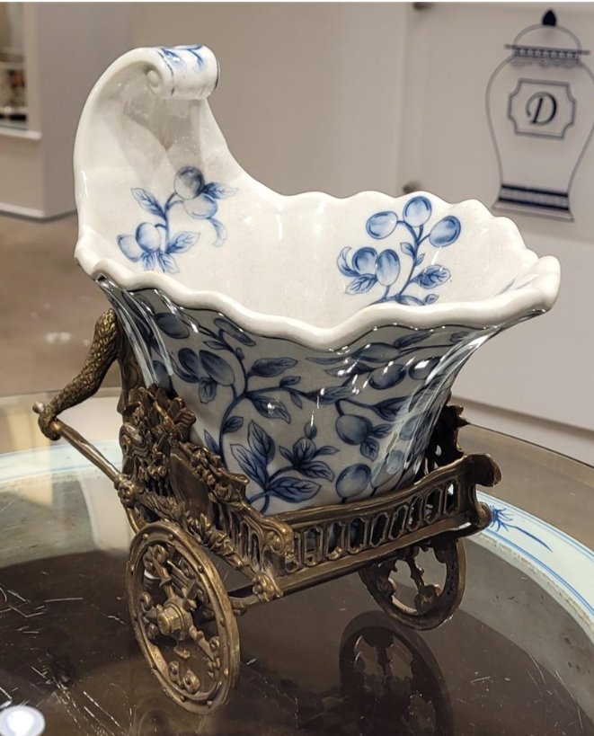 Porcelain & Brass Monkey Cart Planter