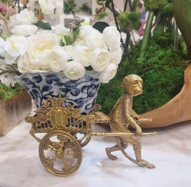 Porcelain & Brass Monkey Cart Planter