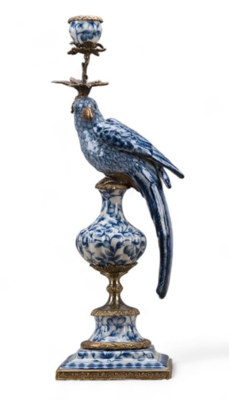 Chinoiserie Blue and White Porcelain Parrot Candle Holder with Bronze Ormolu
