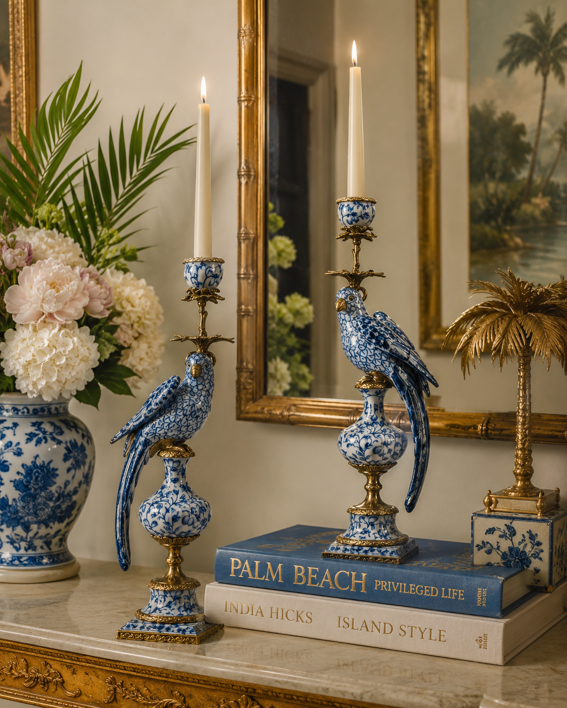 Chinoiserie Blue and White Porcelain Parrot Candle Holder with Bronze Ormolu