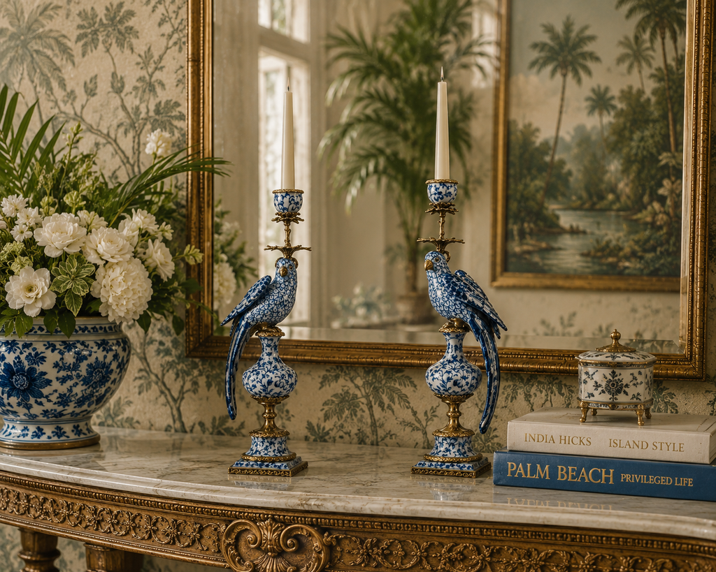 Chinoiserie Blue and White Porcelain Parrot Candle Holder with Bronze Ormolu