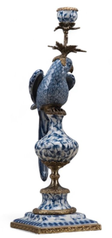 Chinoiserie Blue and White Porcelain Parrot Candle Holder with Bronze Ormolu
