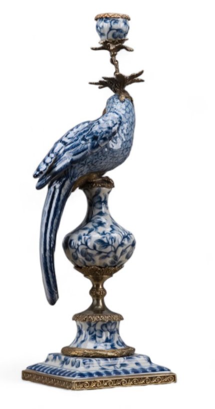 Chinoiserie Blue and White Porcelain Parrot Candle Holder with Bronze Ormolu