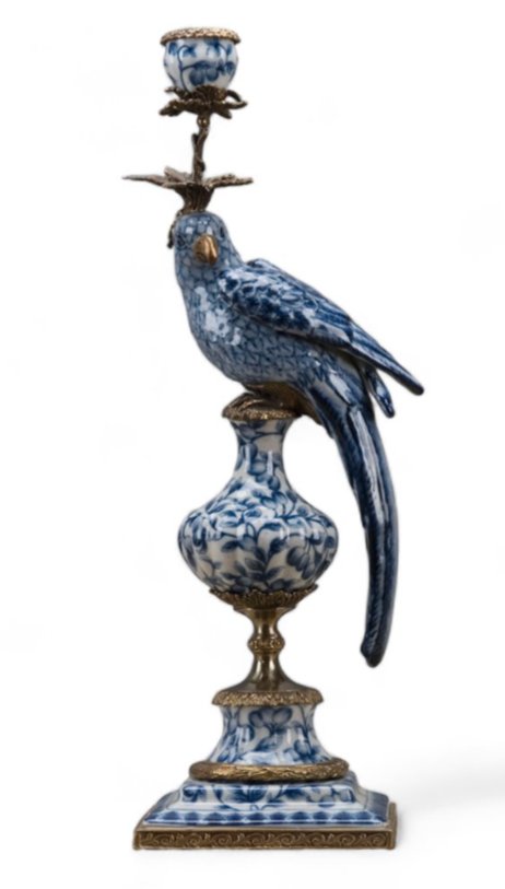 Chinoiserie Blue and White Porcelain Parrot Candle Holder with Bronze Ormolu
