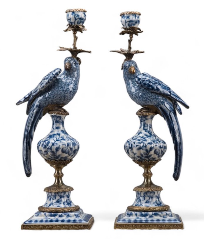 Chinoiserie Blue and White Porcelain Parrot Candle Holder with Bronze Ormolu