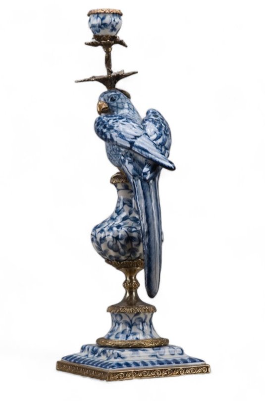 Chinoiserie Blue and White Porcelain Parrot Candle Holder with Bronze Ormolu