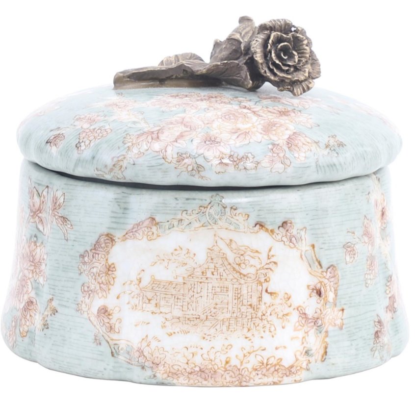 Celadon Toile Porcelain Decorative Box with Bronze Detail