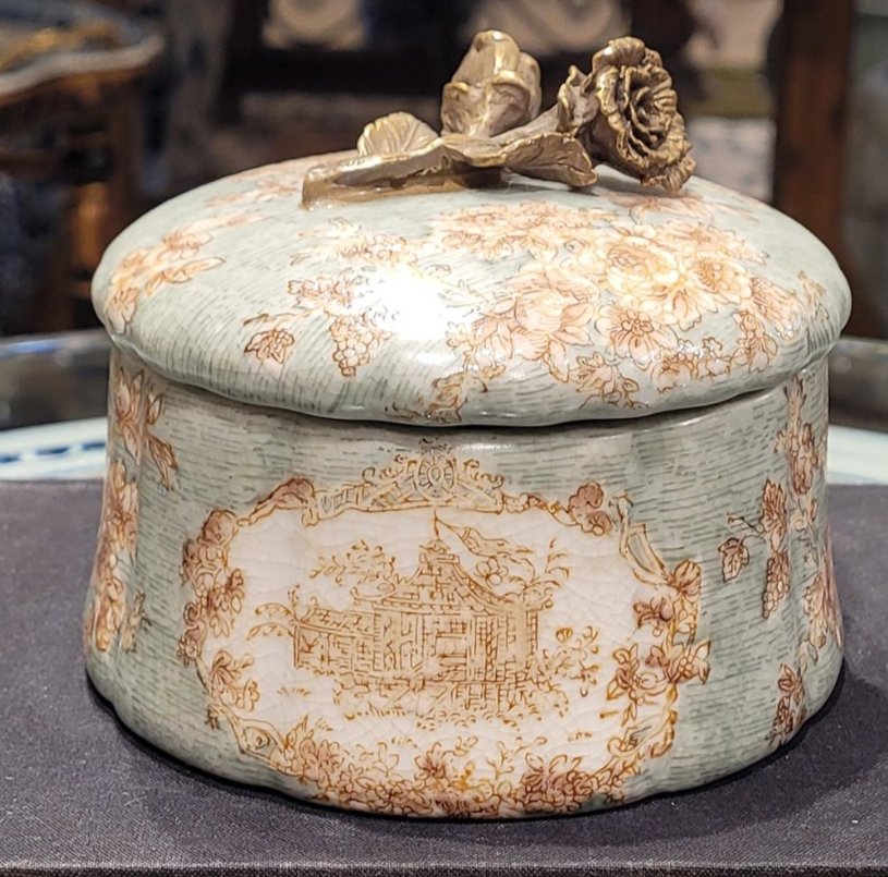 Celadon Toile Porcelain Decorative Box with Bronze Detail