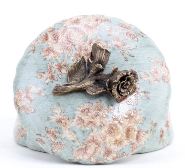 Celadon Toile Porcelain Decorative Box with Bronze Detail