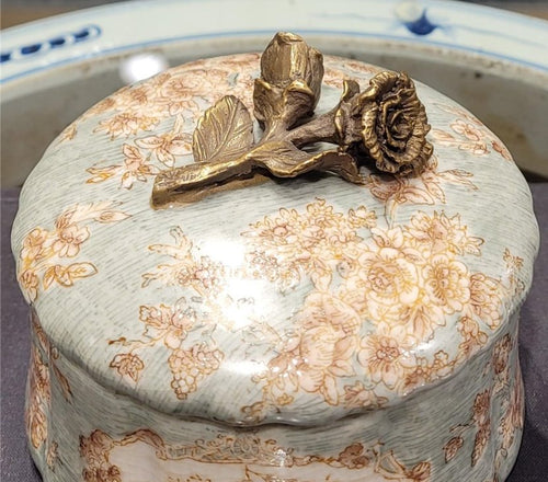 Celadon Toile Porcelain Decorative Box with Bronze Detail