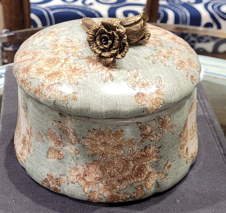 Celadon Toile Porcelain Decorative Box with Bronze Detail