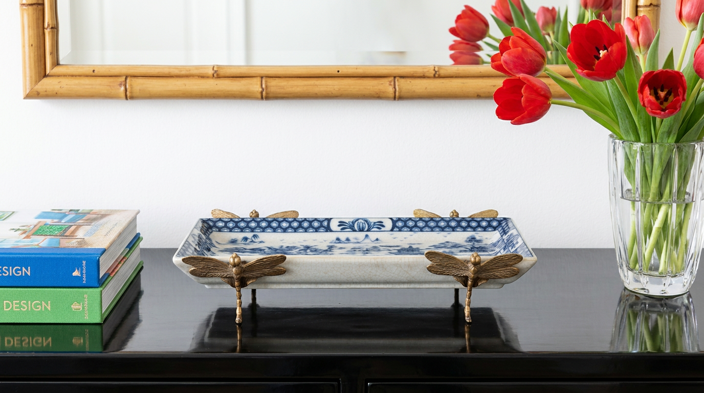 Blue Willow Dragonfly Porcelain Tray with Bronze Detail