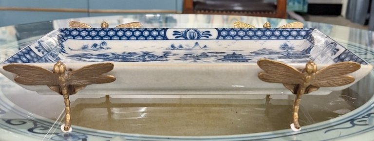 Blue Willow Dragonfly Porcelain Tray with Bronze Detail