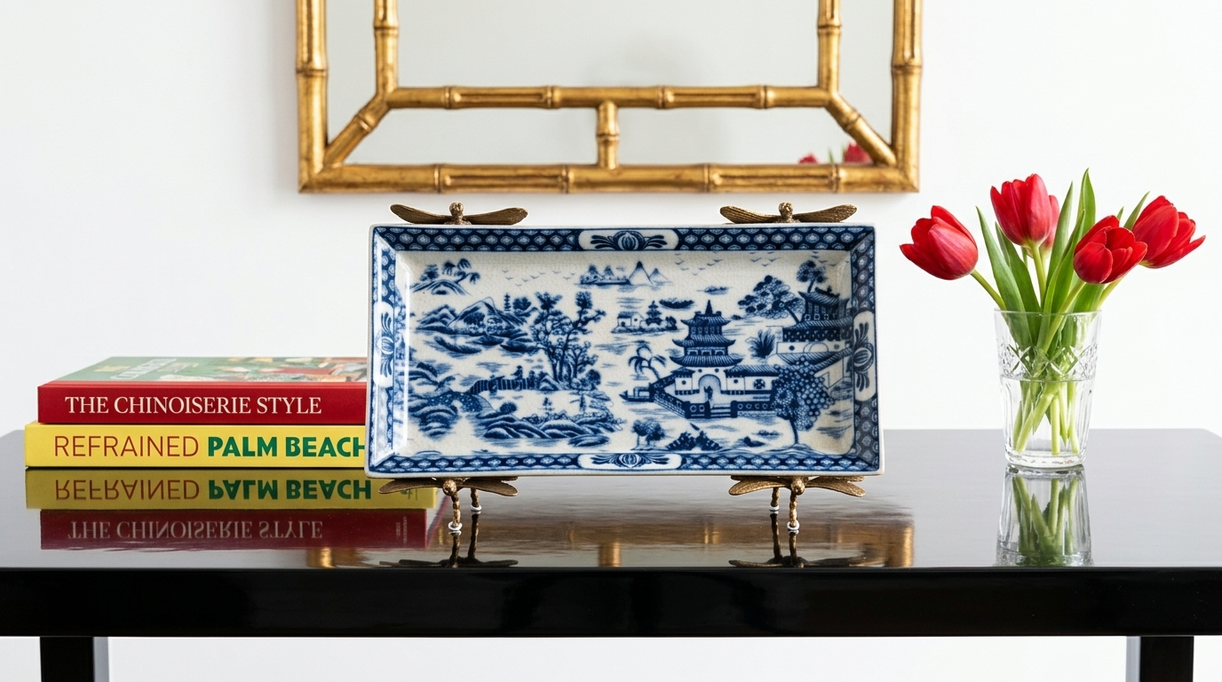 Blue Willow Dragonfly Porcelain Tray with Bronze Detail