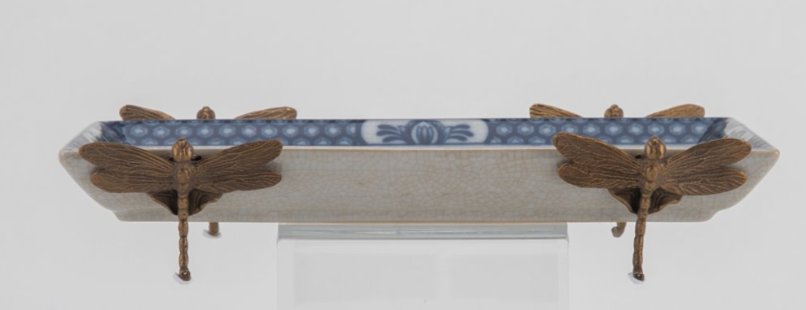 Blue Willow Dragonfly Porcelain Tray with Bronze Detail