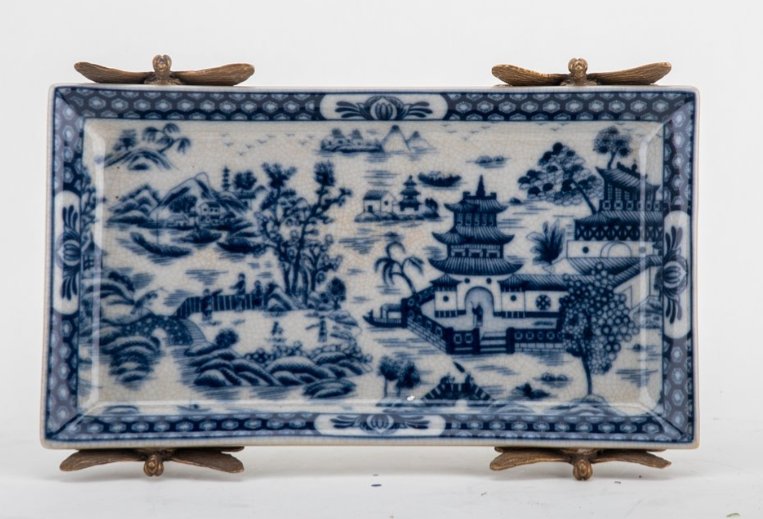 Blue Willow Dragonfly Porcelain Tray with Bronze Detail