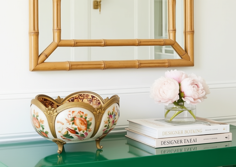 Ornate Floral Porcelain Footed Centerpiece Bowl with Gold Detail