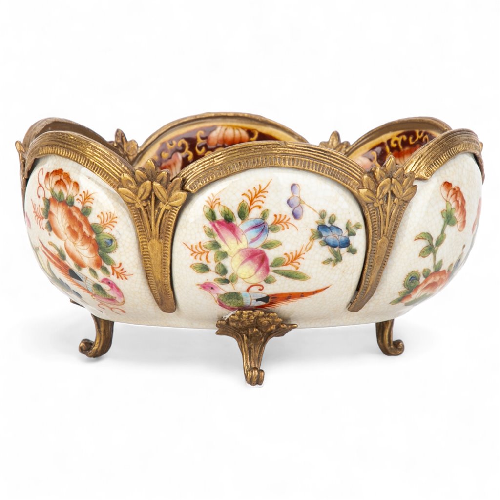 Ornate Floral Porcelain Footed Centerpiece Bowl with Gold Detail