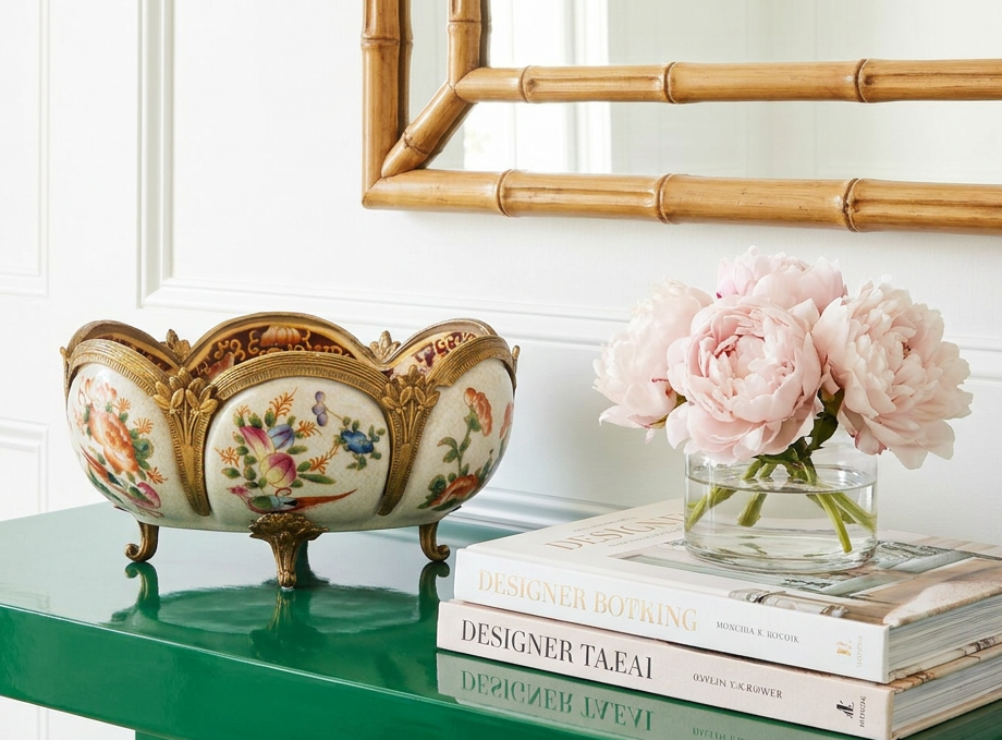 Ornate Floral Porcelain Footed Centerpiece Bowl with Gold Detail
