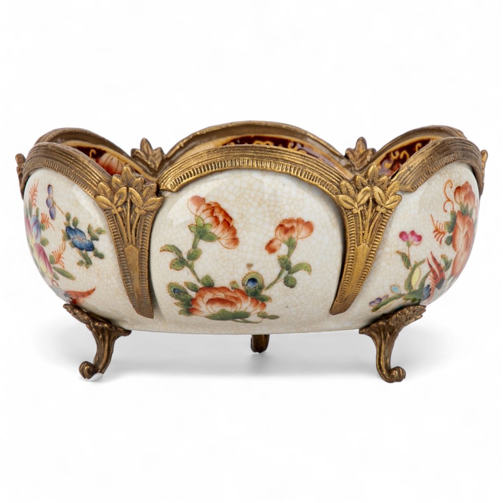 Ornate Floral Porcelain Footed Centerpiece Bowl with Gold Detail