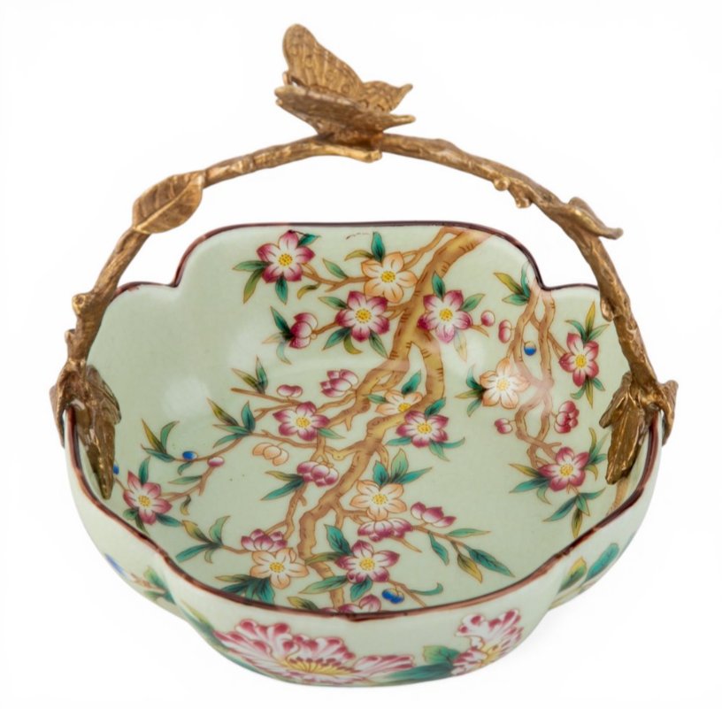 Floral Vine Porcelain Bowl with Bronze Ormolu Handle