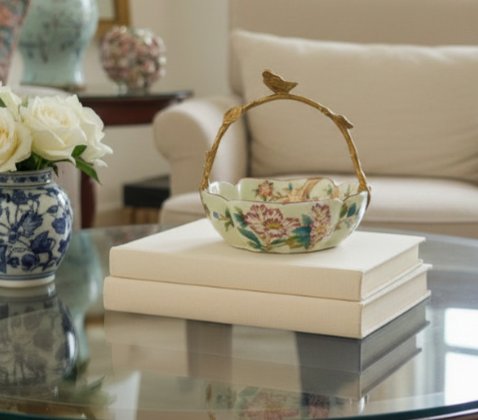 Floral Vine Porcelain Bowl with Bronze Ormolu Handle