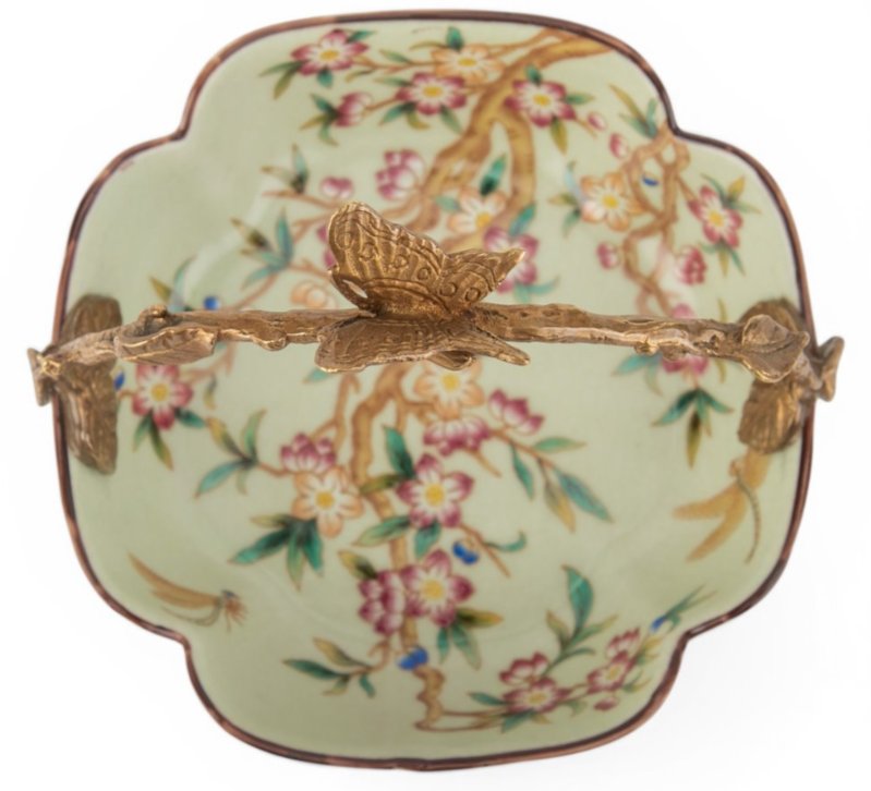 Floral Vine Porcelain Bowl with Bronze Ormolu Handle