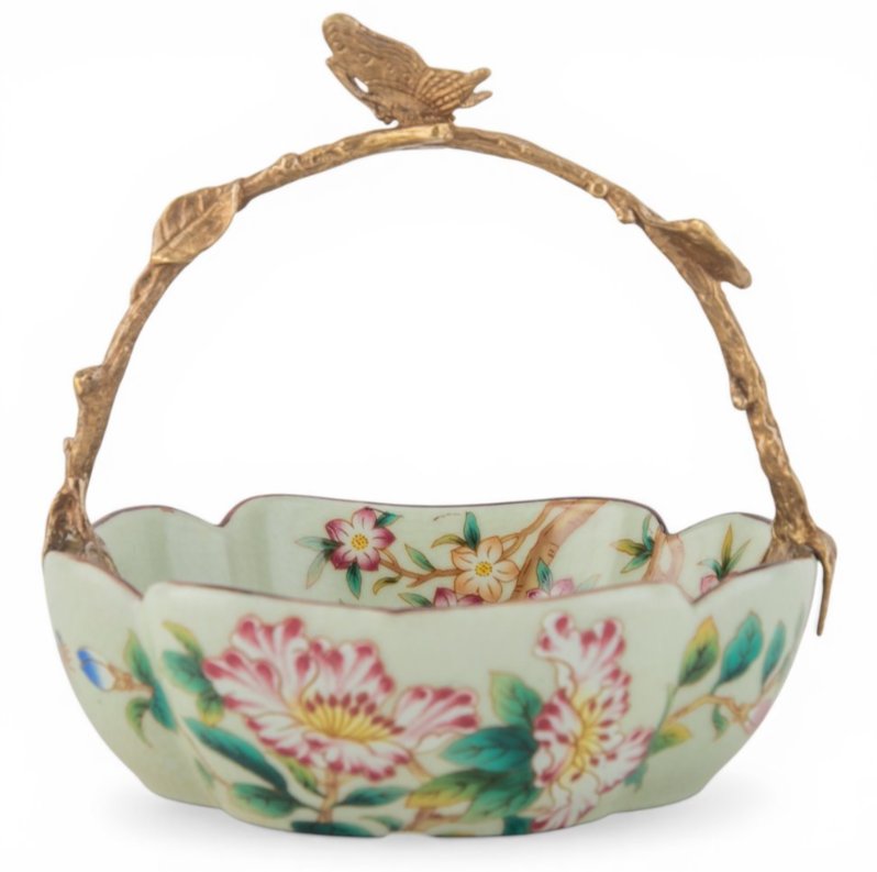 Floral Vine Porcelain Bowl with Bronze Ormolu Handle
