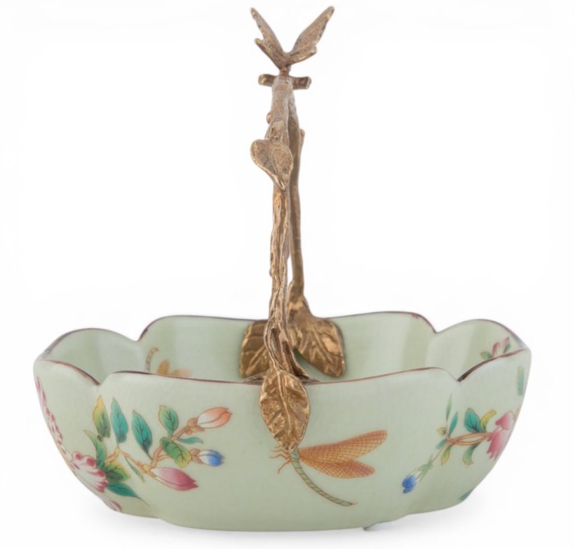Floral Vine Porcelain Bowl with Bronze Ormolu Handle