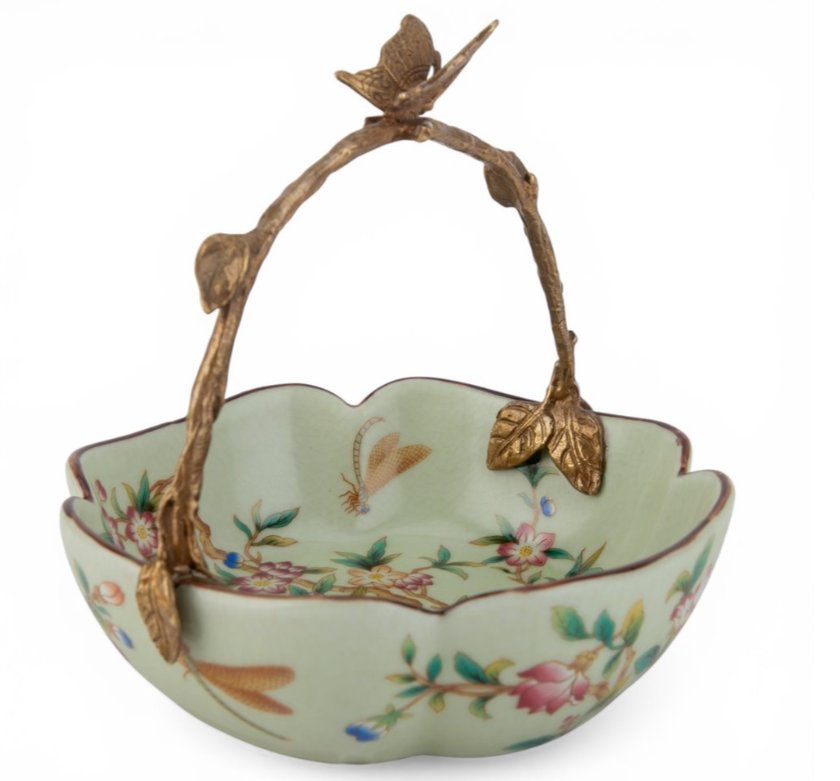 Floral Vine Porcelain Bowl with Bronze Ormolu Handle