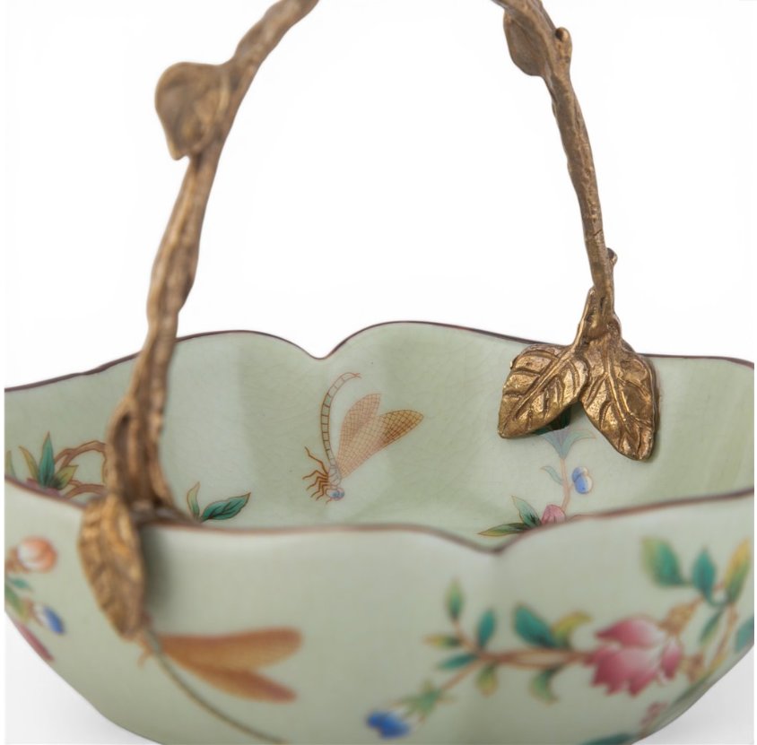 Floral Vine Porcelain Bowl with Bronze Ormolu Handle