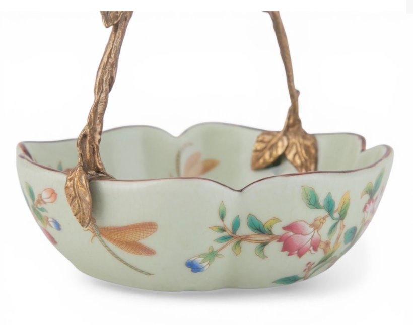 Floral Vine Porcelain Bowl with Bronze Ormolu Handle