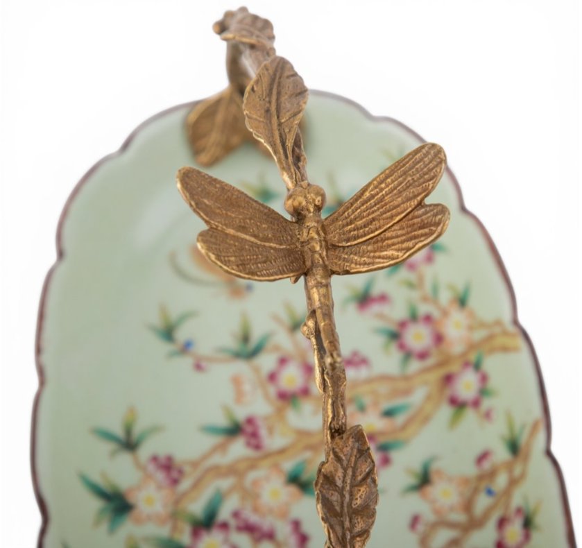 Floral Vine Porcelain Bowl with Ornate Bronze Ormolu Handle