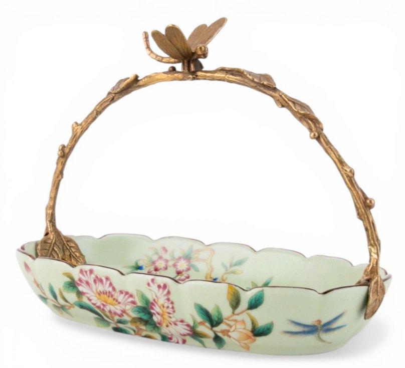 Floral Vine Porcelain Bowl with Ornate Bronze Ormolu Handle