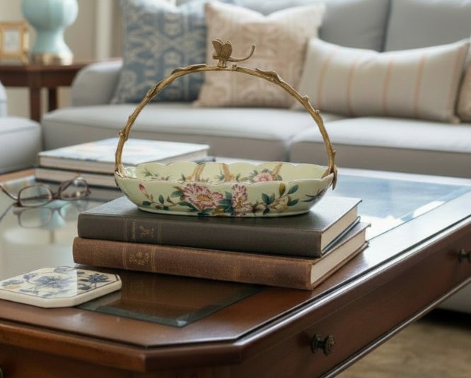 Floral Vine Porcelain Bowl with Ornate Bronze Ormolu Handle