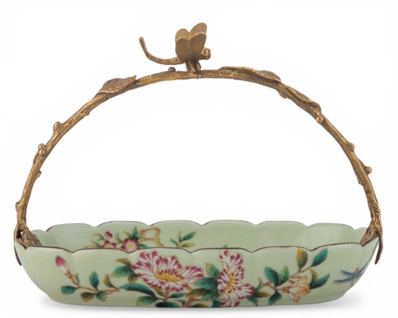 Floral Vine Porcelain Bowl with Ornate Bronze Ormolu Handle