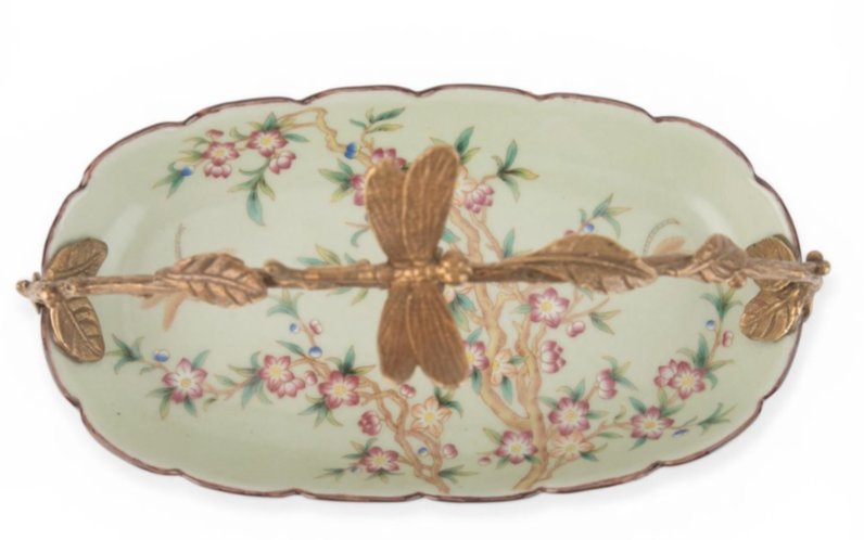 Floral Vine Porcelain Bowl with Ornate Bronze Ormolu Handle