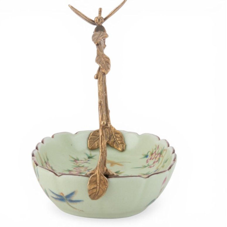 Floral Vine Porcelain Bowl with Ornate Bronze Ormolu Handle