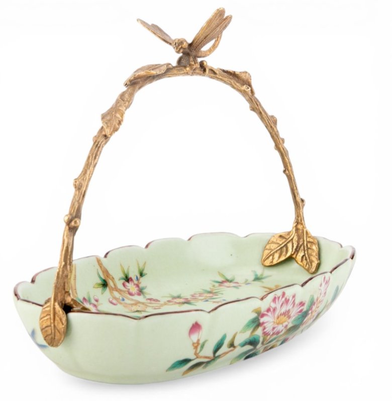 Floral Vine Porcelain Bowl with Ornate Bronze Ormolu Handle