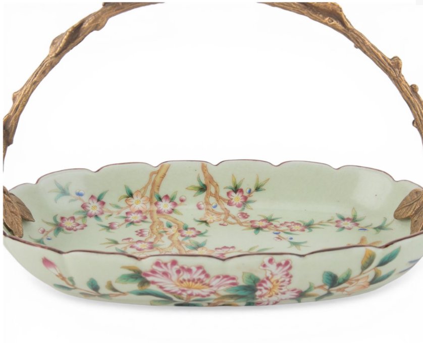 Floral Vine Porcelain Bowl with Ornate Bronze Ormolu Handle
