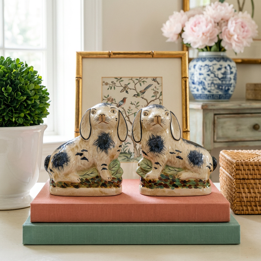 Staffordshire Style Blue and White Porcelain Rabbit Figurine Pair