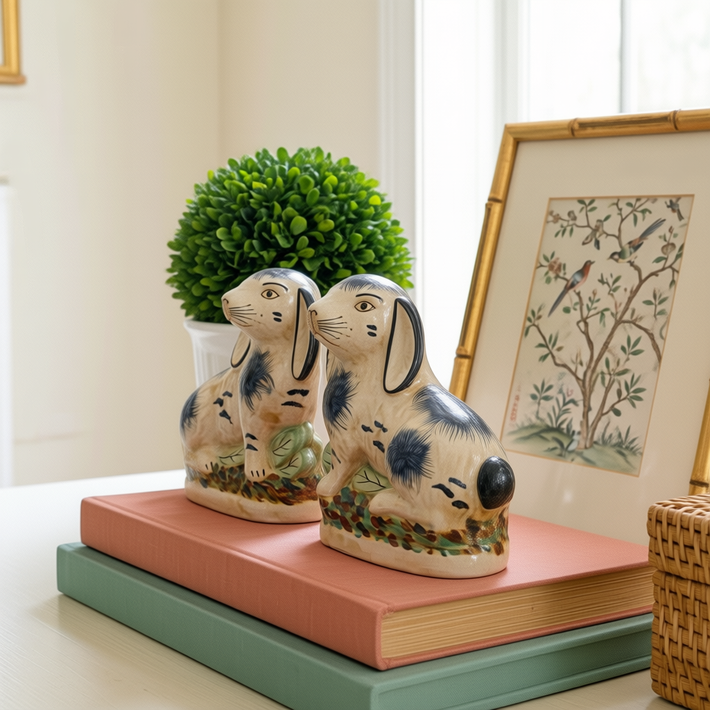 Staffordshire Style Blue and White Porcelain Rabbit Figurine Pair