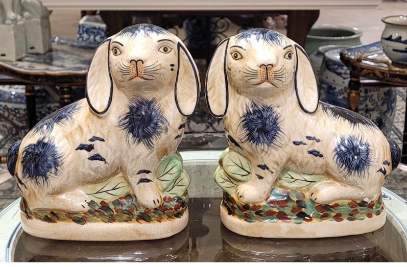 Staffordshire Style Blue and White Porcelain Rabbit Figurine Pair