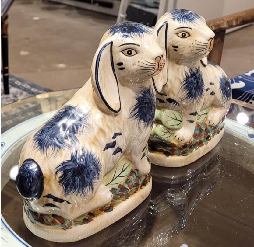 Staffordshire Style Blue and White Porcelain Rabbit Figurine Pair